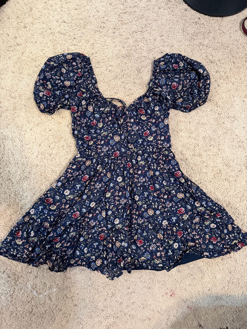 Abercrombie Women's Puff Sleeve Tie Front Mini Dress Size XS PETITE, Navy Floral